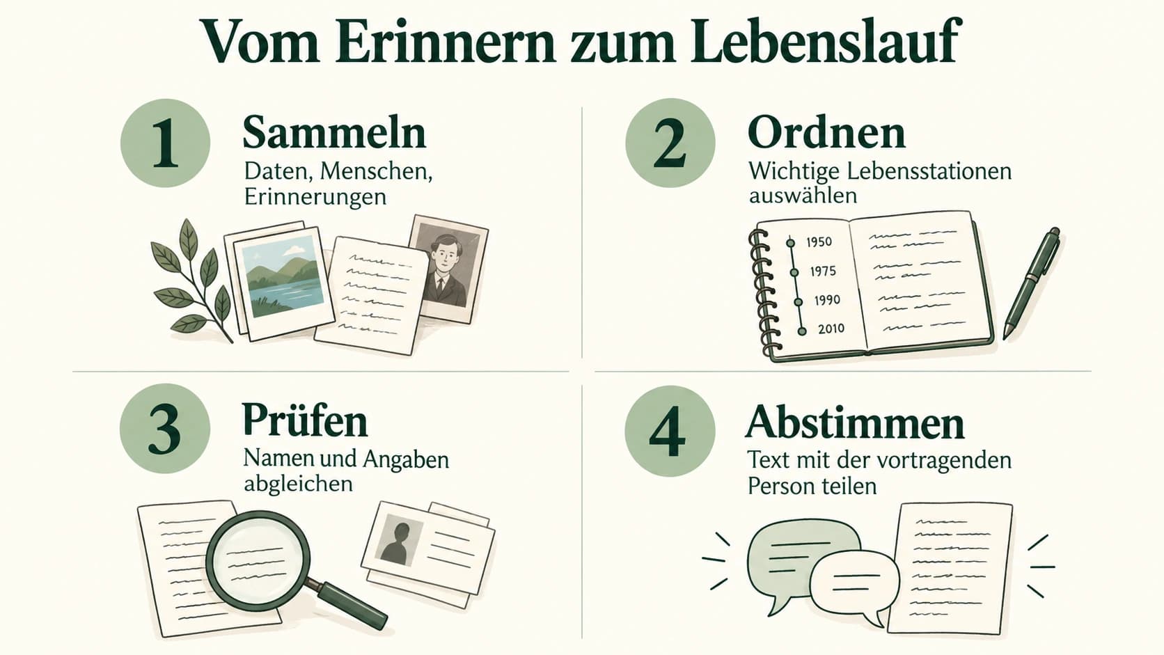 Vier Schritte zum Lebenslauf: sammeln, ordnen, prüfen und mit der vortragenden Person abstimmen