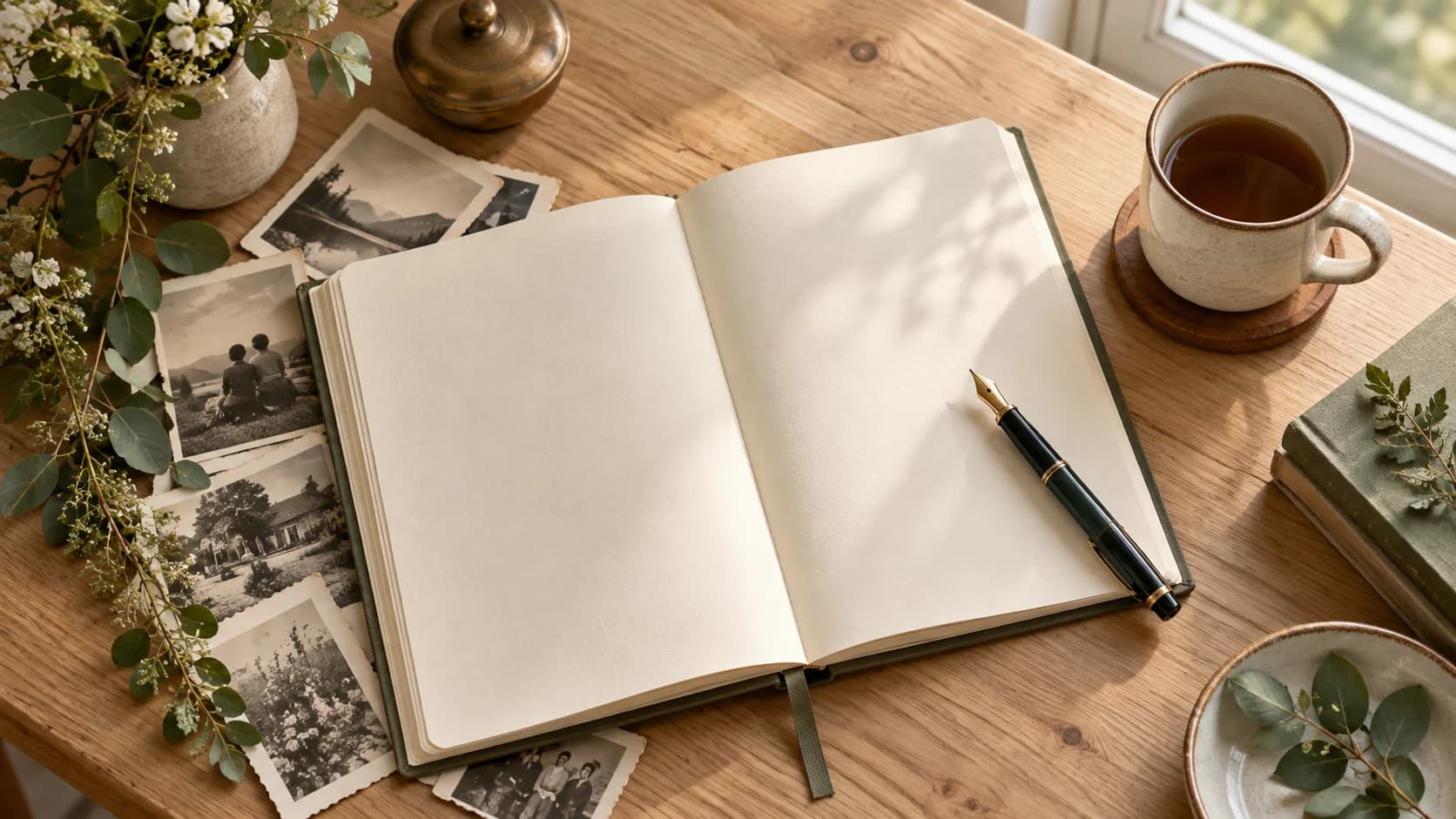 Ein offenes Notizbuch, ein Stift und alte Fotos auf einem hellen Holztisch